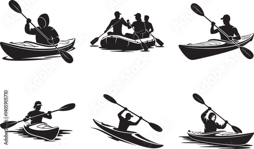 Minimalist Kayaking Silhouette Set of Kayaker in Action. Sports Kayak, Adventure, Retro Style Kayak, River Kayak, Kayak Paddle, Man & Woman Kayaking Vector Illustration Design.