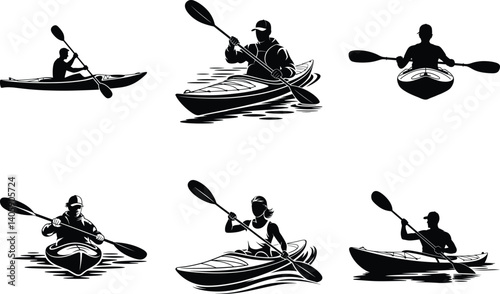 Minimalist Kayaking Silhouette Set of Kayaker in Action. Sports Kayak, Adventure, Retro Style Kayak, River Kayak, Kayak Paddle, Man & Woman Kayaking Vector Illustration Design.