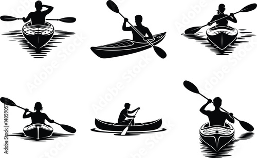 Minimalist Kayaking Silhouette Set of Kayaker in Action. Sports Kayak, Adventure, Retro Style Kayak, River Kayak, Kayak Paddle, Man & Woman Kayaking Vector Illustration Design.