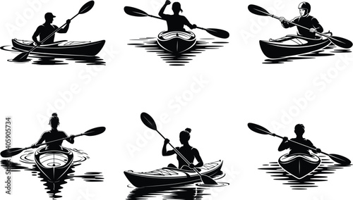 Minimalist Kayaking Silhouette Set of Kayaker in Action. Sports Kayak, Adventure, Retro Style Kayak, River Kayak, Kayak Paddle, Man & Woman Kayaking Vector Illustration Design.