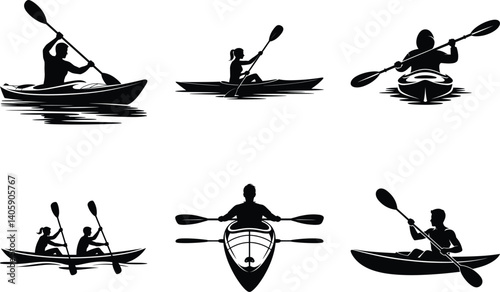 Minimalist Kayaking Silhouette Set of Kayaker in Action. Sports Kayak, Adventure, Retro Style Kayak, River Kayak, Kayak Paddle, Man & Woman Kayaking Vector Illustration Design.