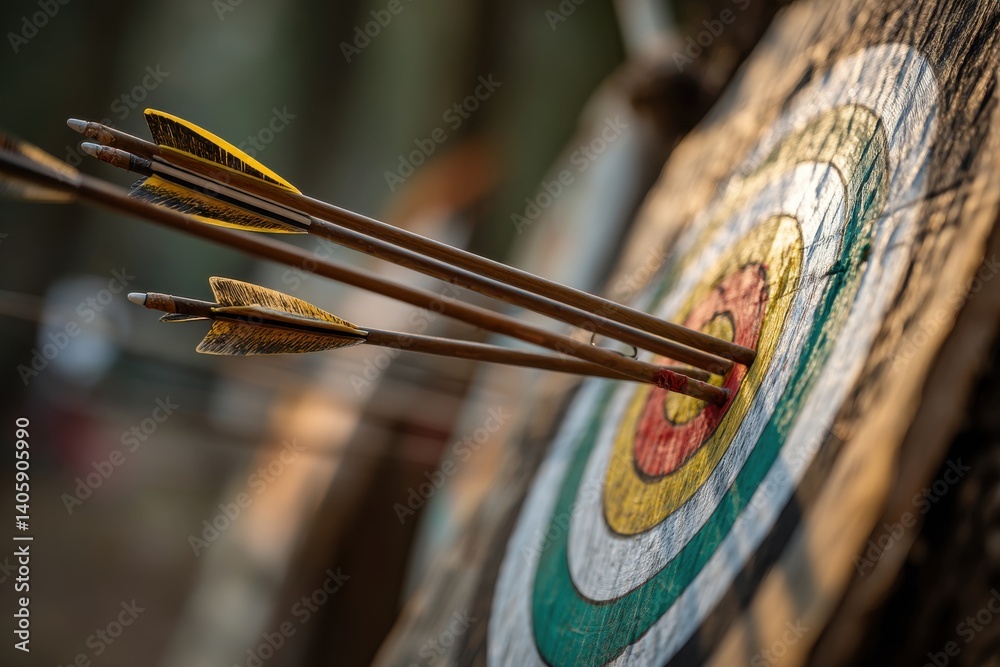 A close-up of arrows hitting the center of a wooden archery target, showing accuracy, focus, and success in a forest setting, with blurred background. A close-up of arrows hitting the center of a wooden archery target, showing accuracy, focus, and success in a forest setting, with blurred background.