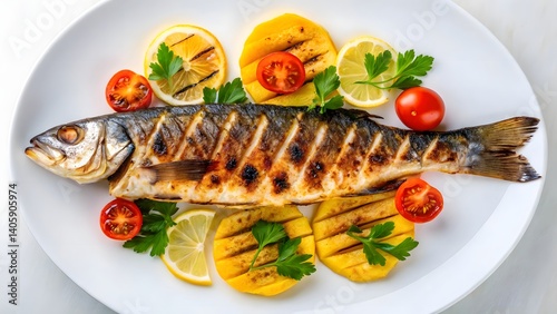 Delicious grilled fish garnished with lemon, cherry tomatoes, and vegetables on a white plate, served with fresh parsley