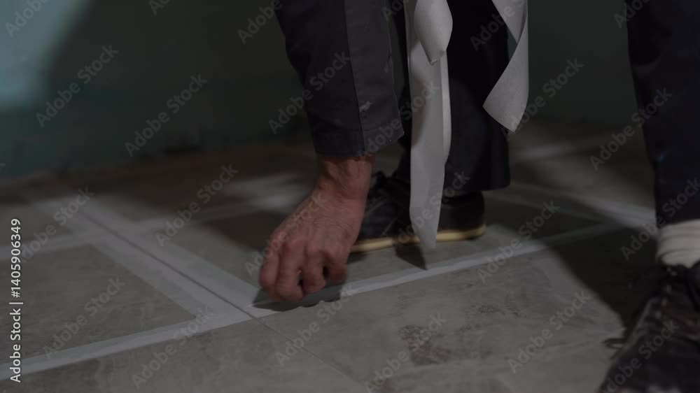 Grouting of joints between ceramic tiles. Cleaning after renovation. Construction. The adhesive tape is removed from the floor. High quality 4k footage Grouting of joints between ceramic tiles. Cleaning after renovation. Construction. The adhesive tape is removed from the floor. High quality 4k footage