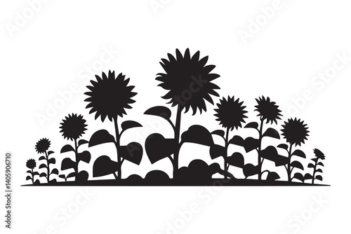 Silhouette of sunflowers in field on white background vector design