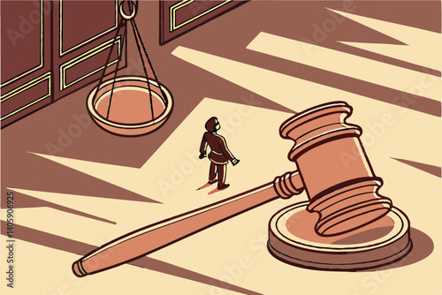 38 Lawyer fighting legal system, tiny businessman between two giant gavels, surreal courtroom drama, symbolic justice struggle, David vs Goliath legal battle, miniature human figure, oversized wooden 