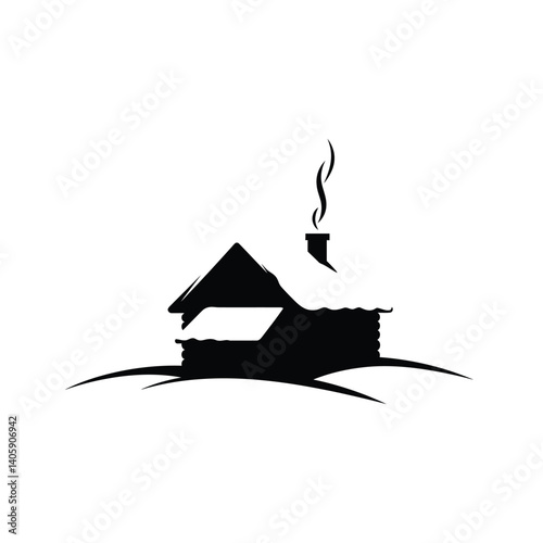 Silhouette Of Cozy Cabin In Winter Snowscape With Smoking Chimney