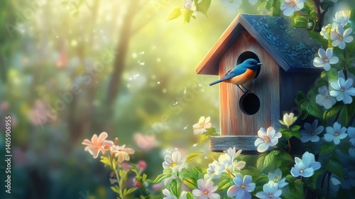 A Beautiful Blue Bird Perched Beside A Rustic Wooden Birdhouse