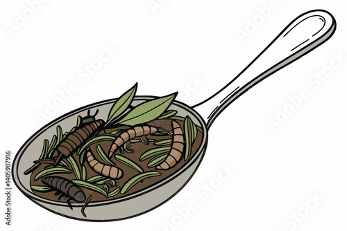 39 Macro photograph, spoonful of insects, edible bugs, crickets, mealworms, grasshoppers, mixed with fresh herbs, high detail, dramatic lighting, silver spoon, white background, food photography, ento
