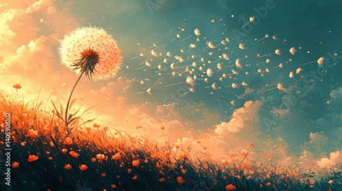 Dandelion seed dispersal in a vibrant field