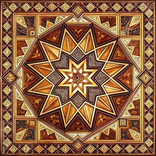 Intricate Wooden Star Pattern with Geometric Motifs and Elegant Border Design.