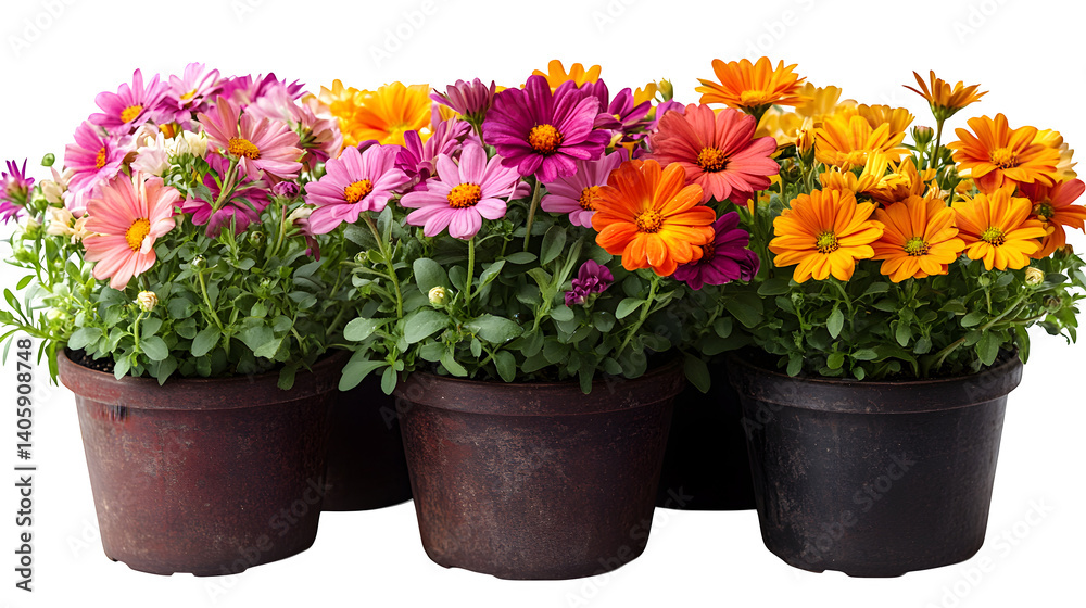 Naklejka premium Bright potted flowers in bloom, isolated on white background