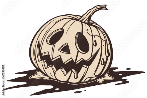 40 Halloween pumpkin, melting jack-o'-lantern, realistic, eerie, orange, surreal, drooping face, carved pumpkin, spooky, white background, high contrast, detailed texture, studio lighting, seasonal de