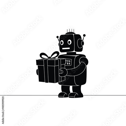 Vintage Robot Delivering A Gift Minimalist Black And White Vector Illustration