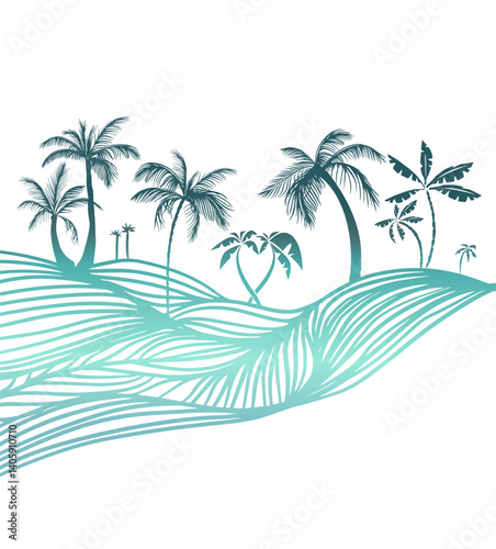 Hello summer . Blue palm trees horizontal background. Not AI, Vector illustration