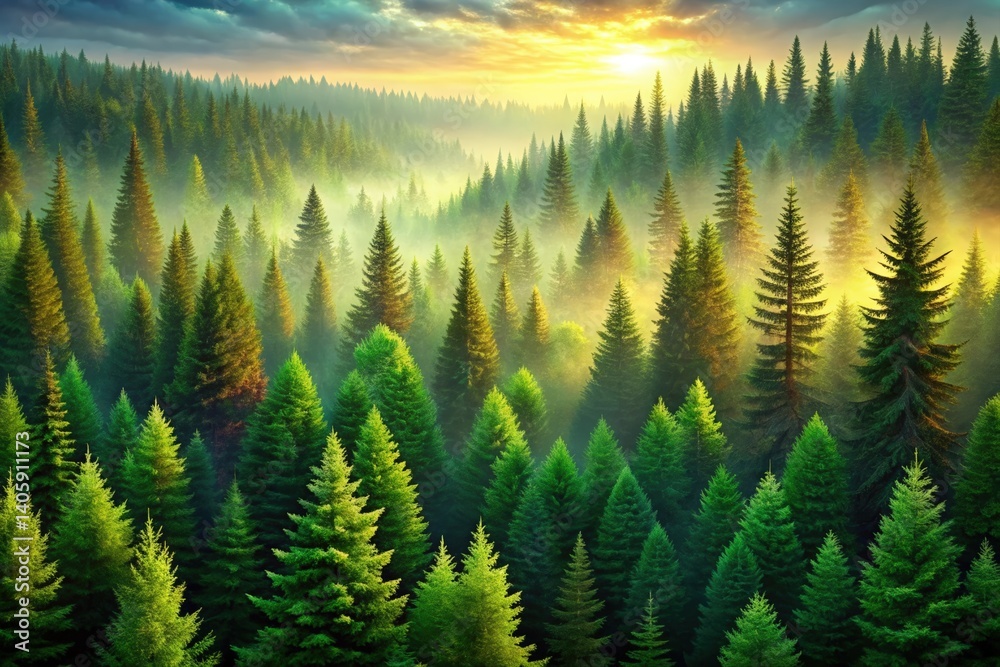 Sunset over a pine forest with golden light and dramatic sky Sunset over a pine forest with golden light and dramatic sky