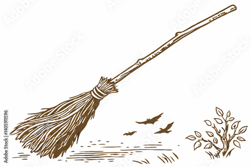 41 Traditional witch's broom, wooden handle, straw bristles, flying broomstick, magical artifact, Halloween prop, rustic design, floating in air, shadow underneath, white background, detailed texture,
