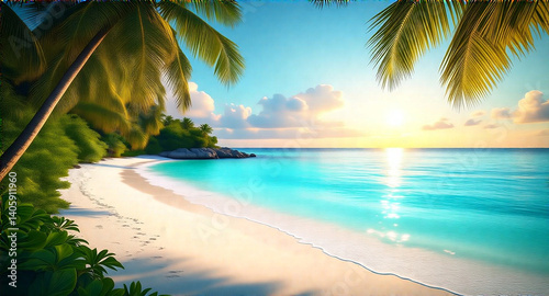 Stunning serene tropical coast with palm trees framing a crystal-clear turquoise ocean.  Generate AI photo with depth and mood, a tranquil vibe, soft golden hour lighting, and a serene atmosphere.  Hi