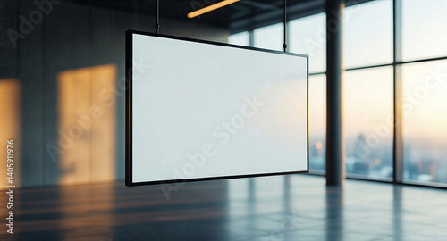 A sleek, minimalist blank advertising space hanging from a ceiling in a modern commercial interior.  Deep, rich shadows and dramatic lighting highlight the empty screen's smooth surface.  The mood sho