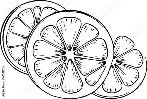 Three Slices Of Fresh Lemon Line Art Illustration Citrus Fruit