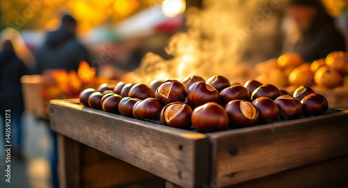 Freshly roasted chestnuts on a rustic wooden roasting stall, warm autumnal lighting, inviting atmosphere, depth of field focusing on the chestnuts, vibrant colors, high resolution, detailed textures, 