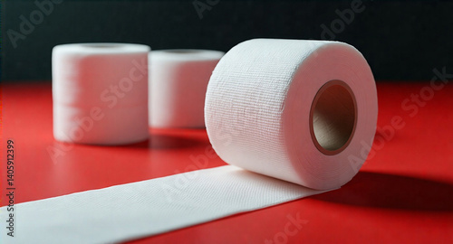 Sterile bandage roll on a vibrant red background.  Roll of bandage in the foreground, additional bandage rolls in the background.  High-depth of field.  Moody, professional vibe. Dramatic lighting.  A