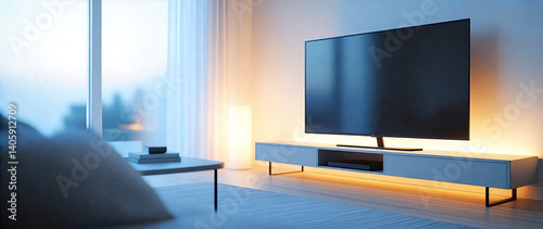 A sleek, modern flat-screen TV, minimalist design, ambient lighting casting soft shadows, evoking a sophisticated, calm atmosphere.  High-quality image, realistic details, professional lighting and co