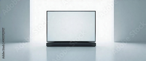 A high-quality, photorealistic mockup of a smart TV blank screen, isolated on a white background.  Depth of field should be shallow, focusing on the screen.  Modern minimalist style, neutral lighting,
