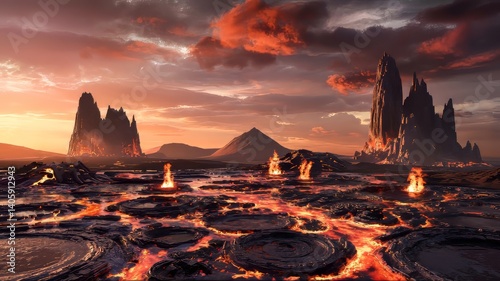 Fiery Volcanic Landscape at Sunset  Alien Planet  Lava Flow  Dramatic Sky  Fantasy  Sci Fi