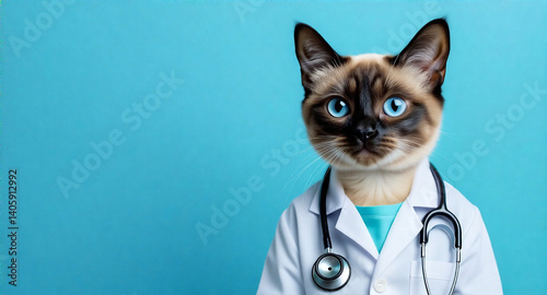 Generate an AI photo of an adorable Siamese cat dressed as a veterinarian, wearing a stethoscope, against a solid blue background.  Include ample copy space.  Emphasize depth, a cheerful mood, soft li