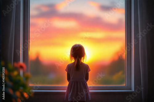 A little girl stands in front of a large window, gazing at a vibrant sunrise. The scene is filled with a soft, warm light, creating a dreamy and peaceful atmosphere.  Focus on depth of field, showcasi