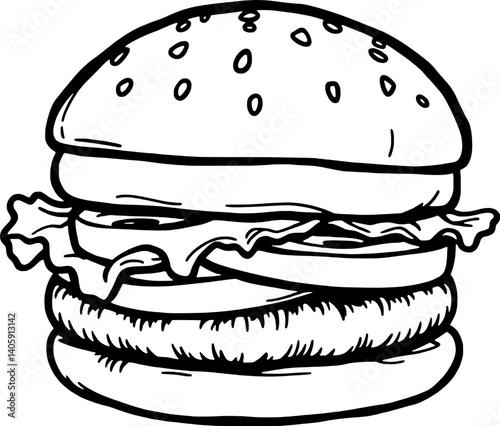Delicious Double Cheeseburger Line Art Illustration A Simple Hand-Drawn Sketch Of A Tasty Burger