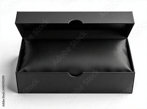 A black opened carton gift box with a cover, isolated on a white background.  Focus on the intricate details of the box's texture and the depth of the opening.  Create a mood of excitement and anticip