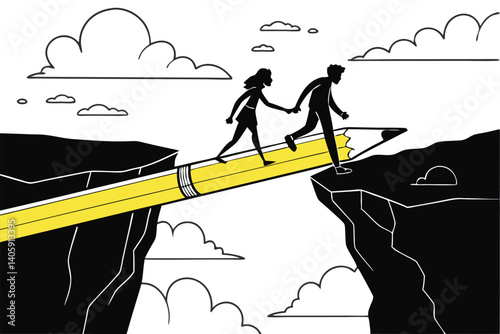 43 Silhouette figures crossing a giant pencil bridge, surreal landscape, gap between cliffs, metaphorical education concept, black and white background, yellow pencil, dramatic sky, minimalist composi
