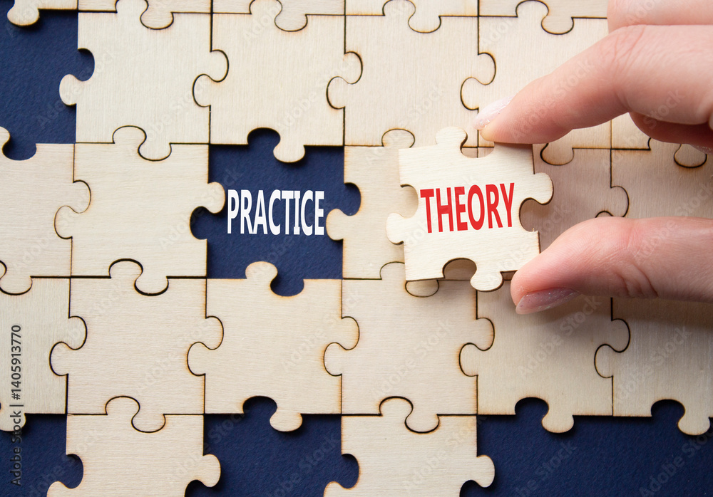 Theory or Practice symbol. Concept word Theory or Practice on wooden puzzle. Businessman hand. Beautiful deep blue background. Business and Theory or Practice concept. Copy space Theory or Practice symbol. Concept word Theory or Practice on wooden puzzle. Businessman hand. Beautiful deep blue background. Business and Theory or Practice concept. Copy space