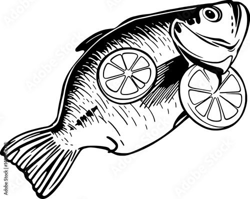 Whole Roasted Fish with Lemon Slices Detailed Line Art Illustration