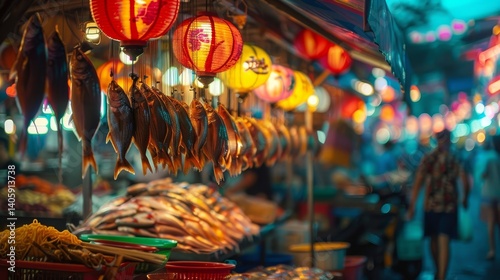 A vibrant image capturing the essence of a night market fish stall. The scene is illuminated by colorful lanterns and neon signs, casting a warm, inviting glow on the array of fish hanging on hooks