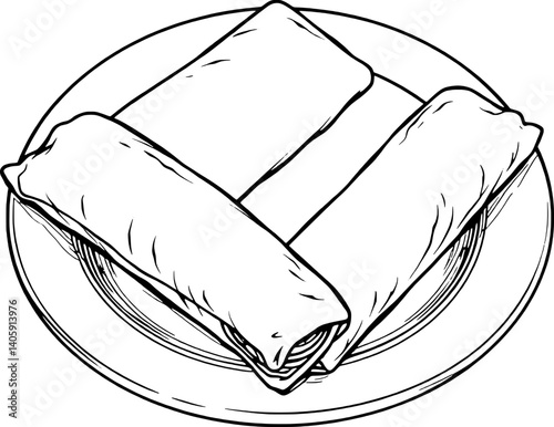 Delicious Hand-Drawn Illustration Of Three Spring Rolls On A Plate