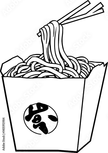 Noodles in a Takeout Container with Chopsticks Line Art Illustration