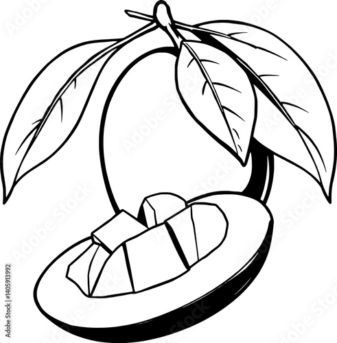 Line Art Illustration Of A Mango Cut Into Cubes With Leaves