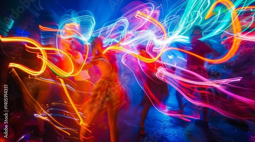 A vibrant photograph of a group of friends dancing at a nighttime festival, their faces and bodies adorned with glowing neon sticks, creating a mesmerizing swirl of colors and light trails