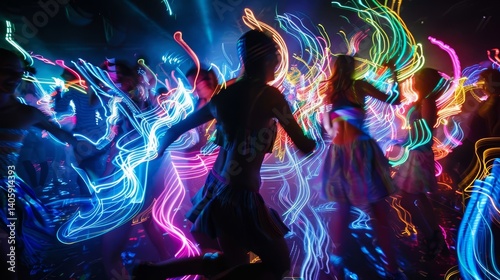 A vibrant photograph of a group of friends dancing at a nighttime festival, their faces and bodies adorned with glowing neon sticks, creating a mesmerizing swirl of colors and light trails