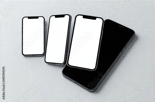 Set of three smartphones with white blank screens on a light grey background.  Business infographic mockups for website or design app.  Depth of field, soft lighting, clean and modern vibe.  High qual