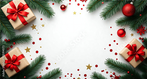 Generate an AI photo of Christmas fir branches, gift boxes with red ribbons, red decorations, sparkles, and confetti on a white background.  Xmas and New Year greeting card style, flat lay, top view. 