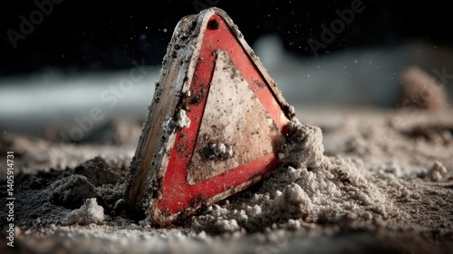 Wallpaper Mural Close-up of dusty triangular warning traffic sign embedded in gray lunar dust, cinematic surrealism for sci-fi storytelling and outer space themed visual design Torontodigital.ca