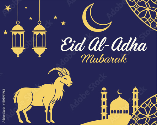Eid Mubarak Emblem with Goat and Crescent Moon, Eid Emblem Design, Islamic Festive Art, Goat Silhouette Decoration