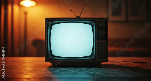 A retro television blank screen mockup,  with a detailed background and bottom shadow.  High depth of field, moody atmosphere with warm lighting, and a vintage/nostalgic style.  Professional photo qua
