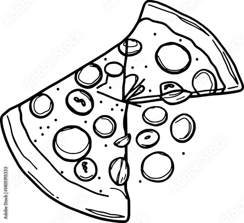 Delicious Pizza Slice Illustration Two Cheesy Toppings-Scattered Pieces