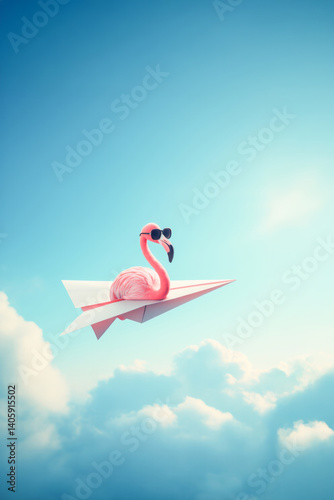Pink flamingo wearing sunglasses flying on paper airplane in cloudy sky