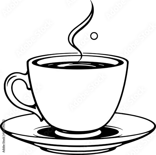 A Simple Line Drawing Of A Steaming Cup Of Coffee On A Saucer